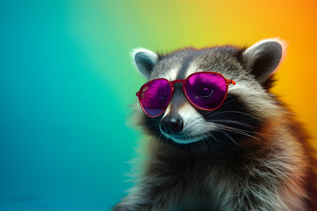 Funny raccoon wearing sunglasses in studio with a colorful and bright background. Created with generative AIの素材