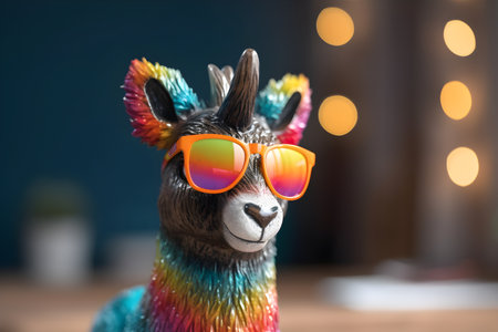 Funny reindeer wearing sunglasses in studio with a colorful and bright background. Created with generative AIの素材