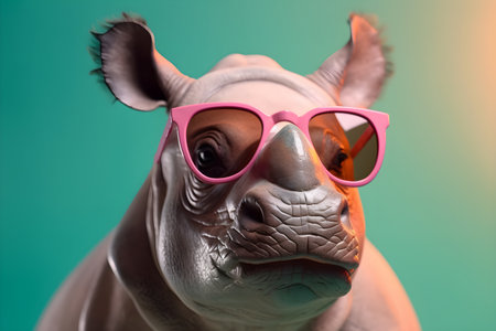 Funny rhinoceros wearing sunglasses in studio with a colorful and bright background. Created with generative AIの素材