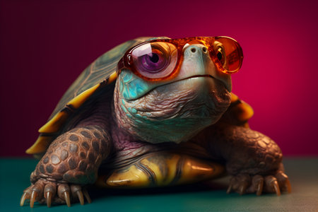 Funny turtle wearing sunglasses in studio with a colorful and bright background. Created with generative AIの素材