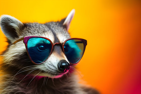Funny raccoon wearing sunglasses in studio with a colorful and bright background. Created with generative AIの素材