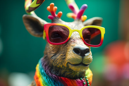 Funny reindeer wearing sunglasses in studio with a colorful and bright background. Created with generative AIの素材