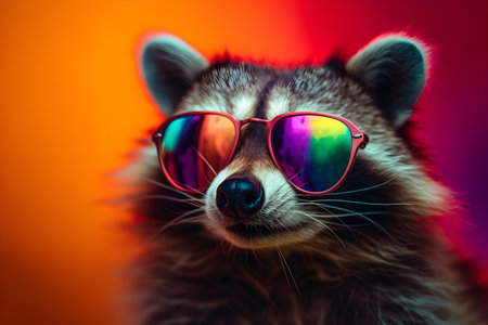 Funny raccoon wearing sunglasses in studio with a colorful and bright background. Created with generative AIの素材