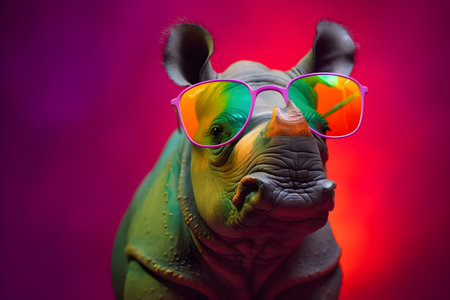 Funny rhinoceros wearing sunglasses in studio with a colorful and bright background. Created with generative AIの素材