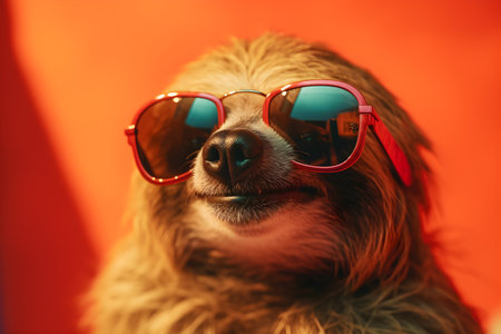 Funny sloth wearing sunglasses in studio with a colorful and bright background. Created with generative AIの素材