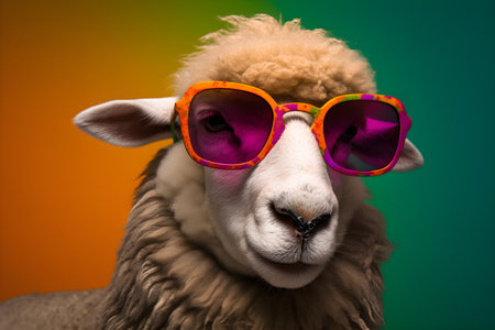 Funny sheep wearing sunglasses in studio with a colorful and bright background. Created with generative AIの素材