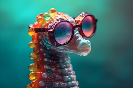 Funny seahorse wearing sunglasses in studio with a colorful and bright background. Created with generative AIの素材