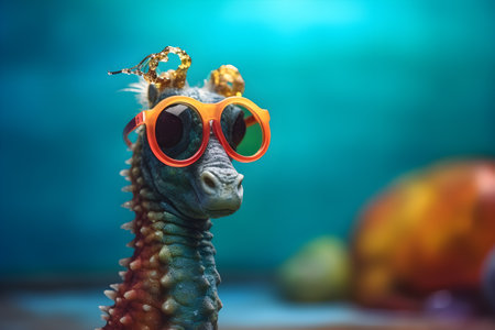 Funny seahorse wearing sunglasses in studio with a colorful and bright background. Created with generative AIの素材