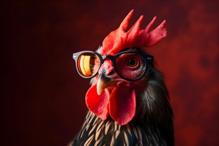 Funny rooster wearing sunglasses in studio with a colorful and bright background. Created with generative AIの素材