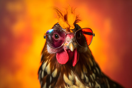 Funny rooster wearing sunglasses in studio with a colorful and bright background. Created with generative AIの素材