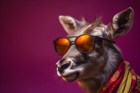 Funny reindeer wearing sunglasses in studio with a colorful and bright background. Created with generative AIの素材