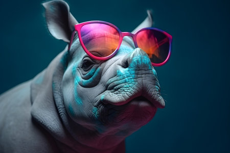 Funny rhinoceros wearing sunglasses in studio with a colorful and bright background. Created with generative AIの素材