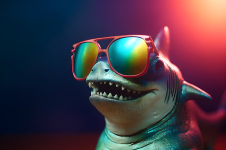 Funny shark wearing sunglasses in studio with a colorful and bright background. Created with generative AIの素材