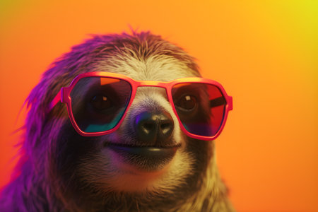 Funny sloth wearing sunglasses in studio with a colorful and bright background. Created with generative AIの素材