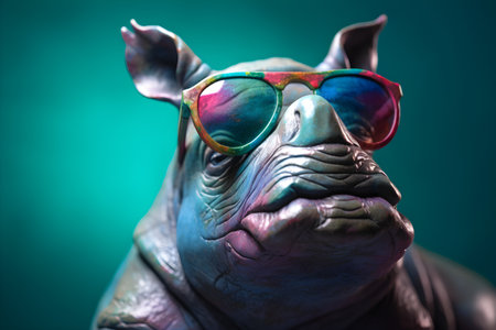 Funny rhinoceros wearing sunglasses in studio with a colorful and bright background. Created with generative AIの素材