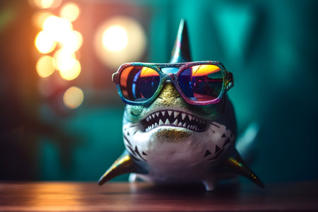 Funny shark wearing sunglasses in studio with a colorful and bright background. Created with generative AIの素材