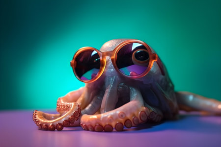Funny squid wearing sunglasses in studio with a colorful and bright background. Created with generative AIの素材