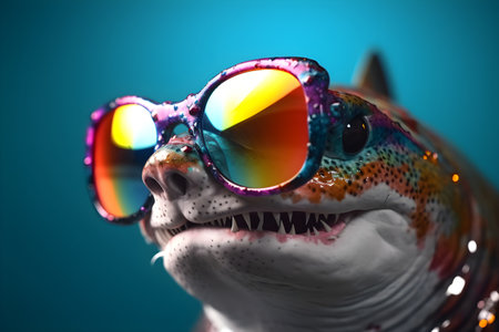Funny shark wearing sunglasses in studio with a colorful and bright background. Created with generative AIの素材
