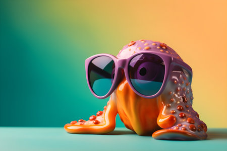 Funny squid wearing sunglasses in studio with a colorful and bright background. Created with generative AIの素材