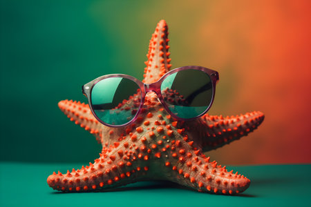 Funny starfish wearing sunglasses in studio with a colorful and bright background. Created with generative AIの素材