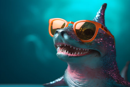 Funny shark wearing sunglasses in studio with a colorful and bright background. Created with generative AIの素材