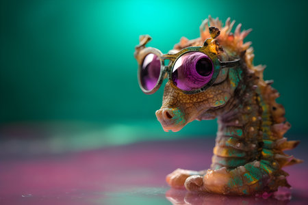 Funny seahorse wearing sunglasses in studio with a colorful and bright background. Created with generative AIの素材
