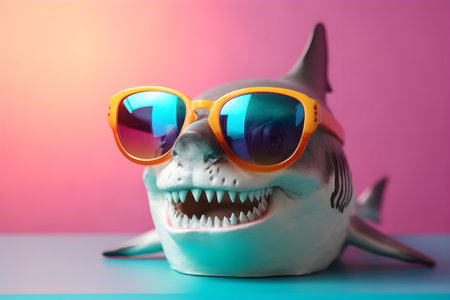 Funny shark wearing sunglasses in studio with a colorful and bright background. Created with generative AIの素材