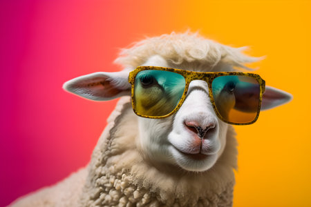 Funny sheep wearing sunglasses in studio with a colorful and bright background. Created with generative AIの素材
