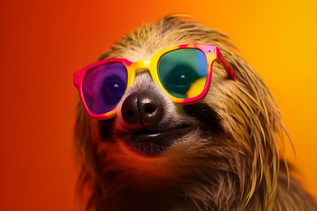 Funny sloth wearing sunglasses in studio with a colorful and bright background. Created with generative AIの素材