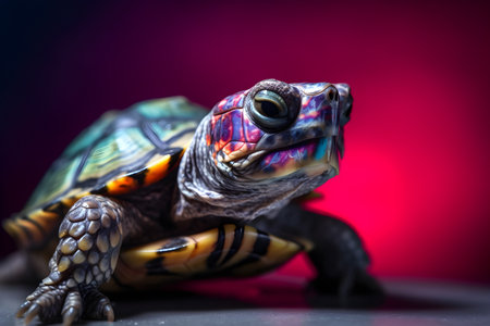Funny turtle in studio, colorful background. Created with generative AIの素材