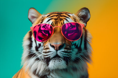 Funny tiger wearing sunglasses in studio with a colorful and bright background. Created with generative AIの素材