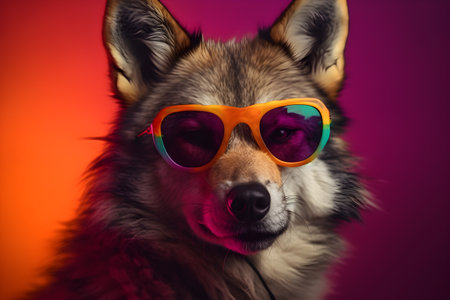 Funny wolf wearing sunglasses in studio with a colorful and bright background. Created with generative AIの素材