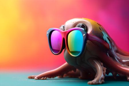 Funny squid wearing sunglasses in studio with a colorful and bright background. Created with generative AIの素材