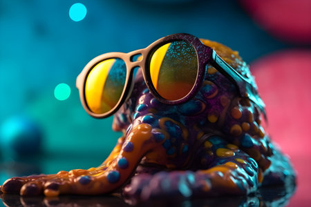 Funny squid wearing sunglasses in studio with a colorful and bright background. Created with generative AIの素材