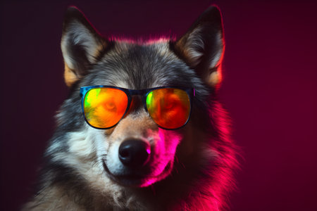 Funny wolf wearing sunglasses in studio with a colorful and bright background. Created with generative AIの素材