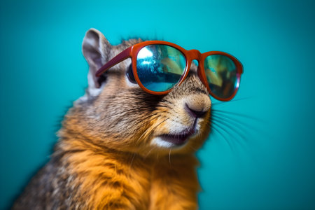 Funny squirrel wearing sunglasses in studio with a colorful and bright background. Created with generative AIの素材