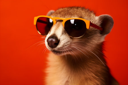 Funny weasel wearing sunglasses in studio with a colorful and bright background. Created with generative AIの素材