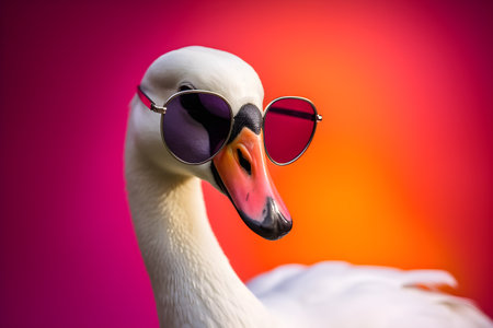 Funny swan or duck wearing sunglasses in studio with a colorful and bright background. Created with generative AIの素材
