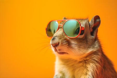 Funny squirrel wearing sunglasses in studio with a colorful and bright background. Created with generative AIの素材