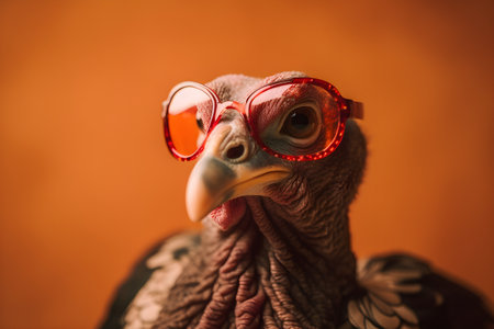 Funny turkey wearing sunglasses in studio with a colorful and bright background. Created with generative AIの素材