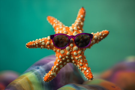 Funny starfish wearing sunglasses in studio with a colorful and bright background. Created with generative AIの素材