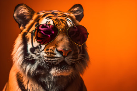 Funny tiger wearing sunglasses in studio with a colorful and bright background. Created with generative AIの素材