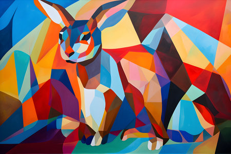 A beautiful rabbit, modern artwork, abstract colorful painting with geometric shapes. Hand drawn digital painting. Created with generative AIの素材