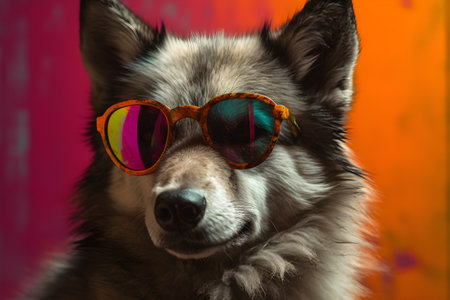 Funny wolf wearing sunglasses in studio with a colorful and bright background. Created with generative AIの素材