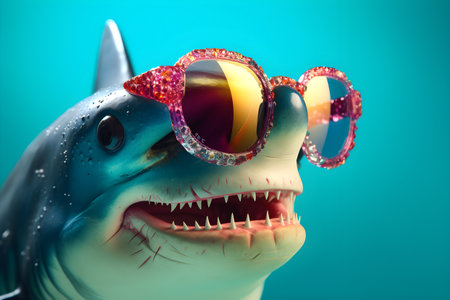 Funny shark wearing sunglasses in studio with a colorful and bright background. Created with generative AIの素材