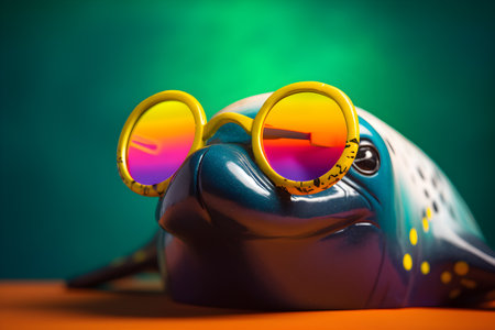 Funny whale wearing sunglasses in studio with a colorful and bright background. Created with generative AIの素材