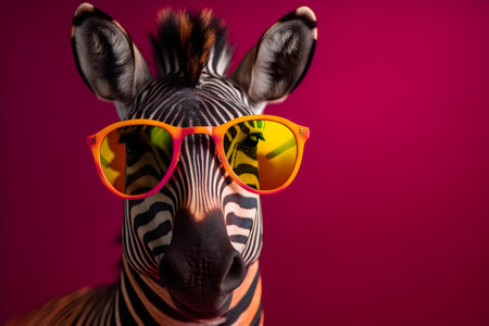 Funny zebra wearing sunglasses in studio with a colorful and bright background. Created with generative AIの素材