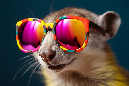 Funny weasel wearing sunglasses in studio with a colorful and bright background. Created with generative AIの素材