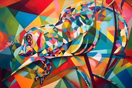 A beautiful chameleon, modern artwork, abstract colorful painting with geometric shapes. Hand drawn digital painting. Created with generative AIの素材