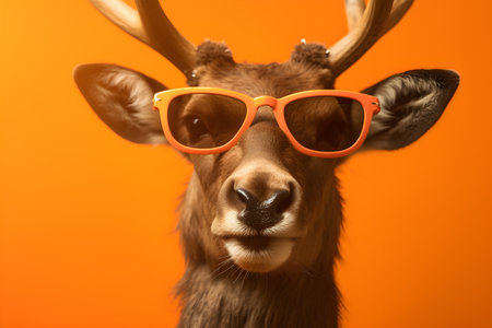 Funny reindeer wearing sunglasses in studio with a colorful and bright background. Created with generative AIの素材